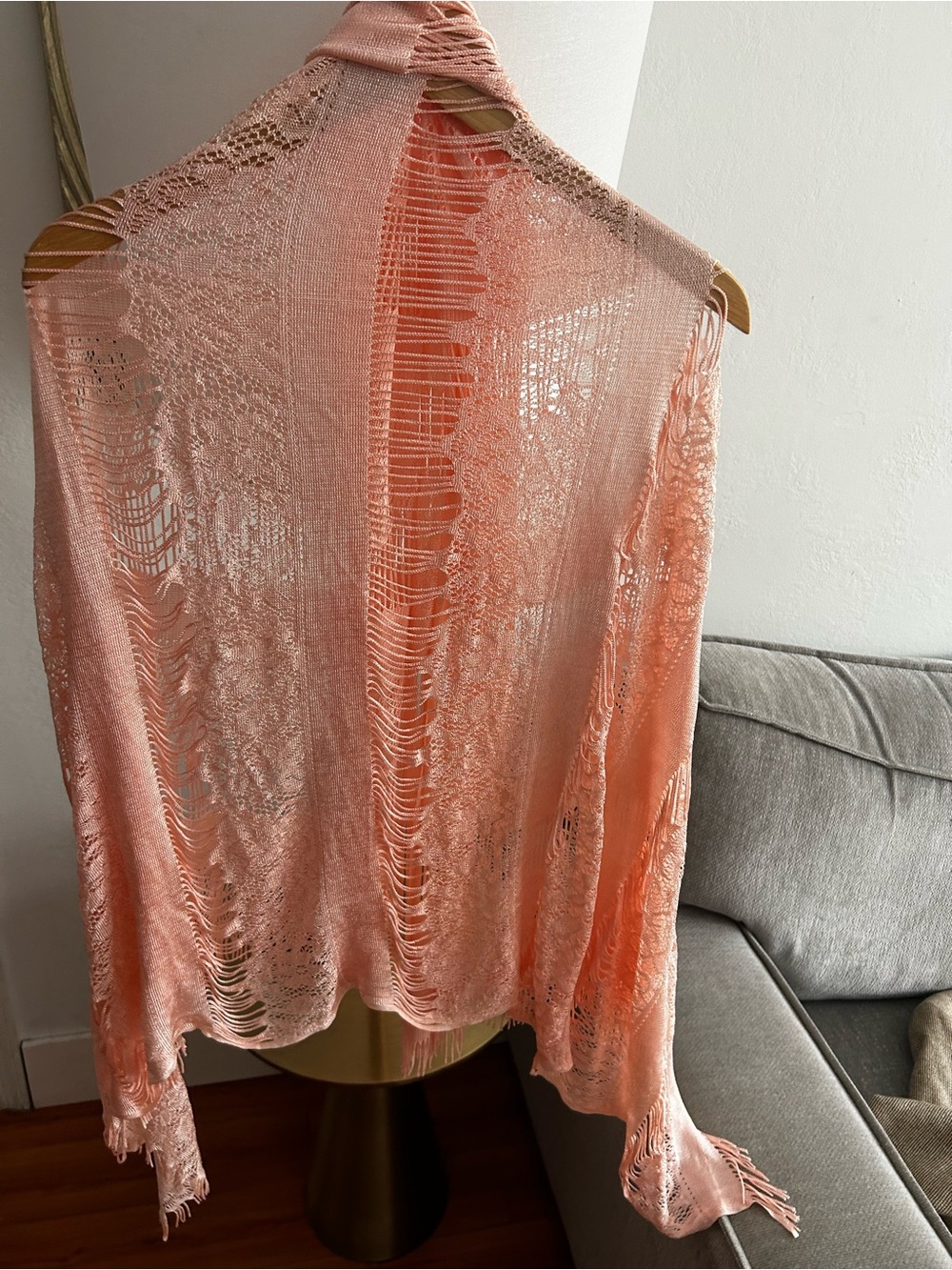 Vtg Coral Pink Lace Crochet Shawl Wrap Boho Retro festival